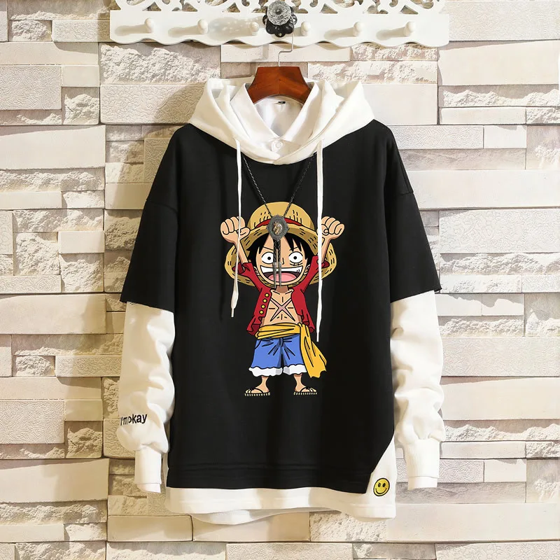 

ONE PIECE Monkey D. Luffy Roronoa Zoro Black and White Coat Hoodies Costume Jacket Fake Two Pieces Sweatshirt