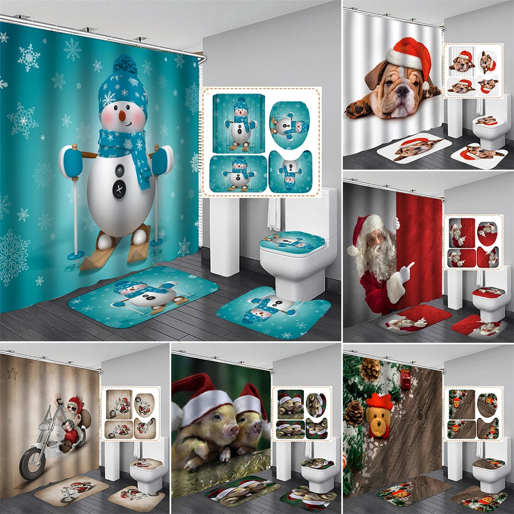 

Симпатичная Рождественская занавеска для душа с 3D-принтом снеговика, коврик, водонепроницаемый нескользящий Набор подушек для туалета, зан...