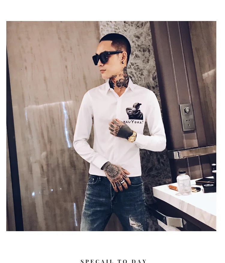 Осенняя мужская рубашка с принтом Camisa Hombre Повседневная приталенная рубашка Мужская Уличная рубашка Camisas Hombre черный смокинг для ночного клуба