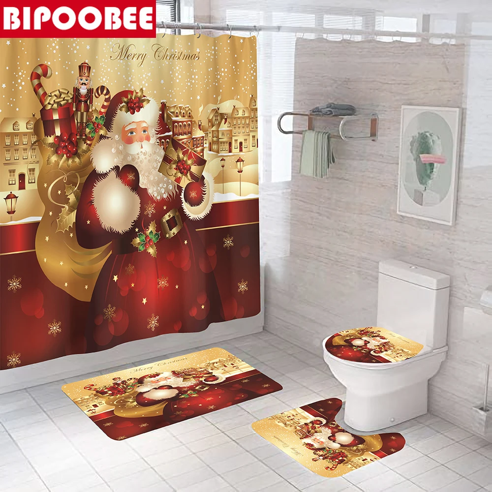 Рождественская тканевая занавеска для душа с 12 крючками ванной Санта-Клауса s