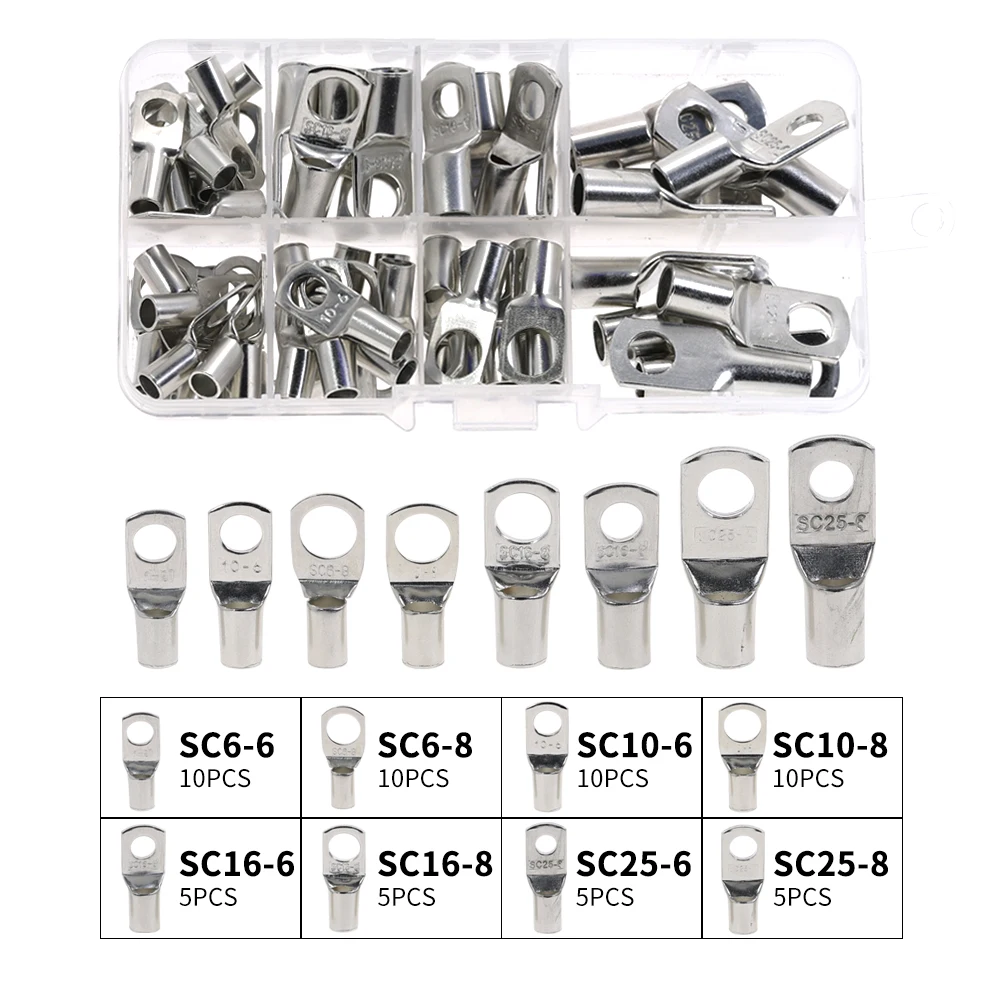 

60pcs Bolt Hole Tinned Copper Cable lugs Battery Terminals set Wire terminals connector SC10-6 SC16-8 SC25-8