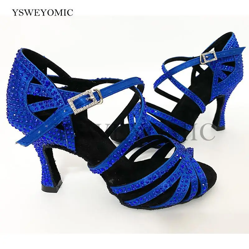 New Navy Blue Rhinestones Latin Salsa Dance Shoes Satin Soft Thicker Insole Customized Heel 10cm 4inch Bachata Latin Dance Shoes