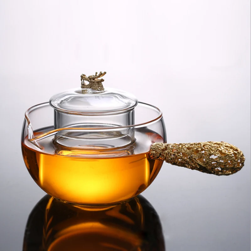 Термостойкий стеклянный чайник 500 мл для приготовления чая с золотой/серебряной