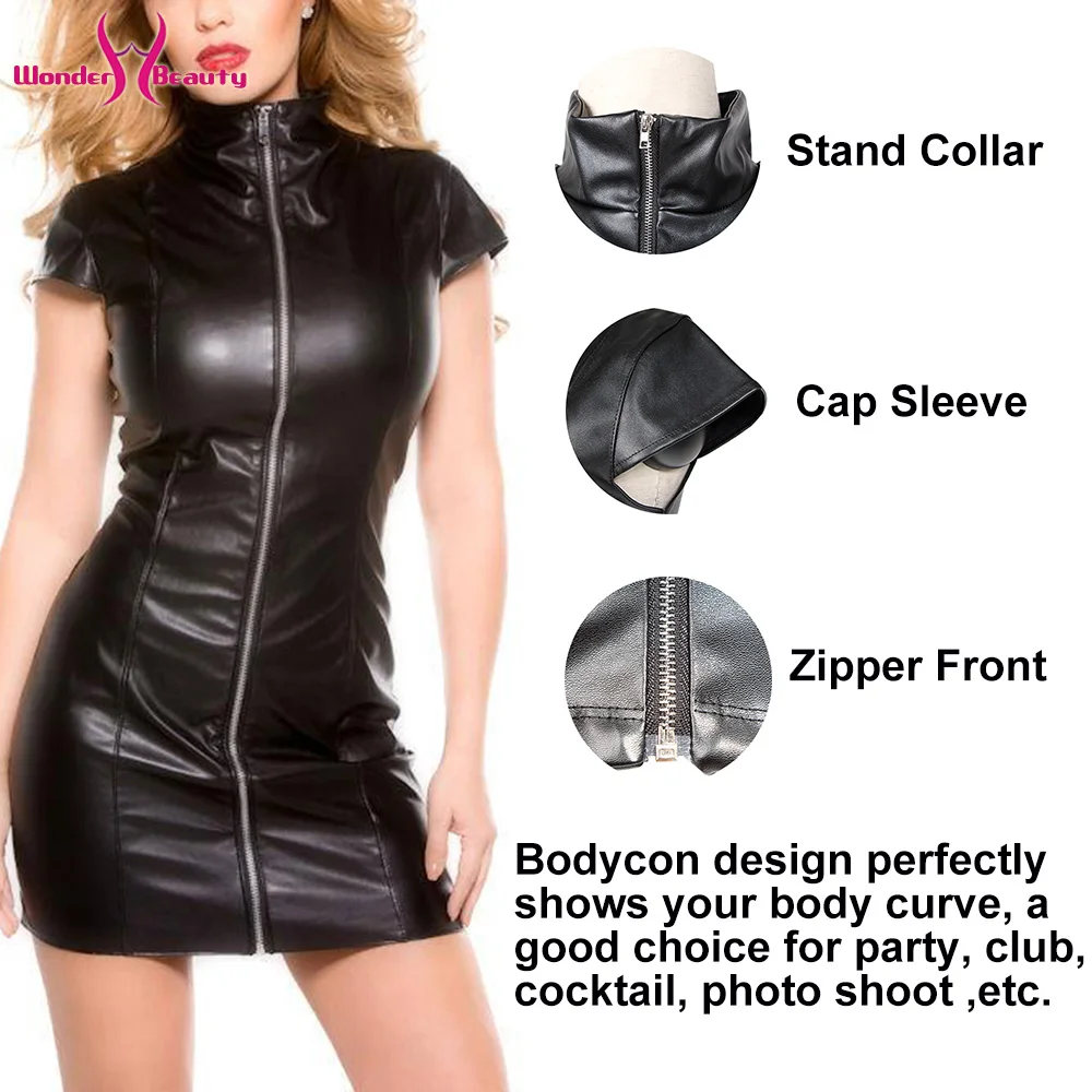 Summer Women's PU Leather Bodycon Dress with Short Sleeves - Black Mini Office Dress for Club Parties and Wetlook Style - Vestidos S-3XL image 6