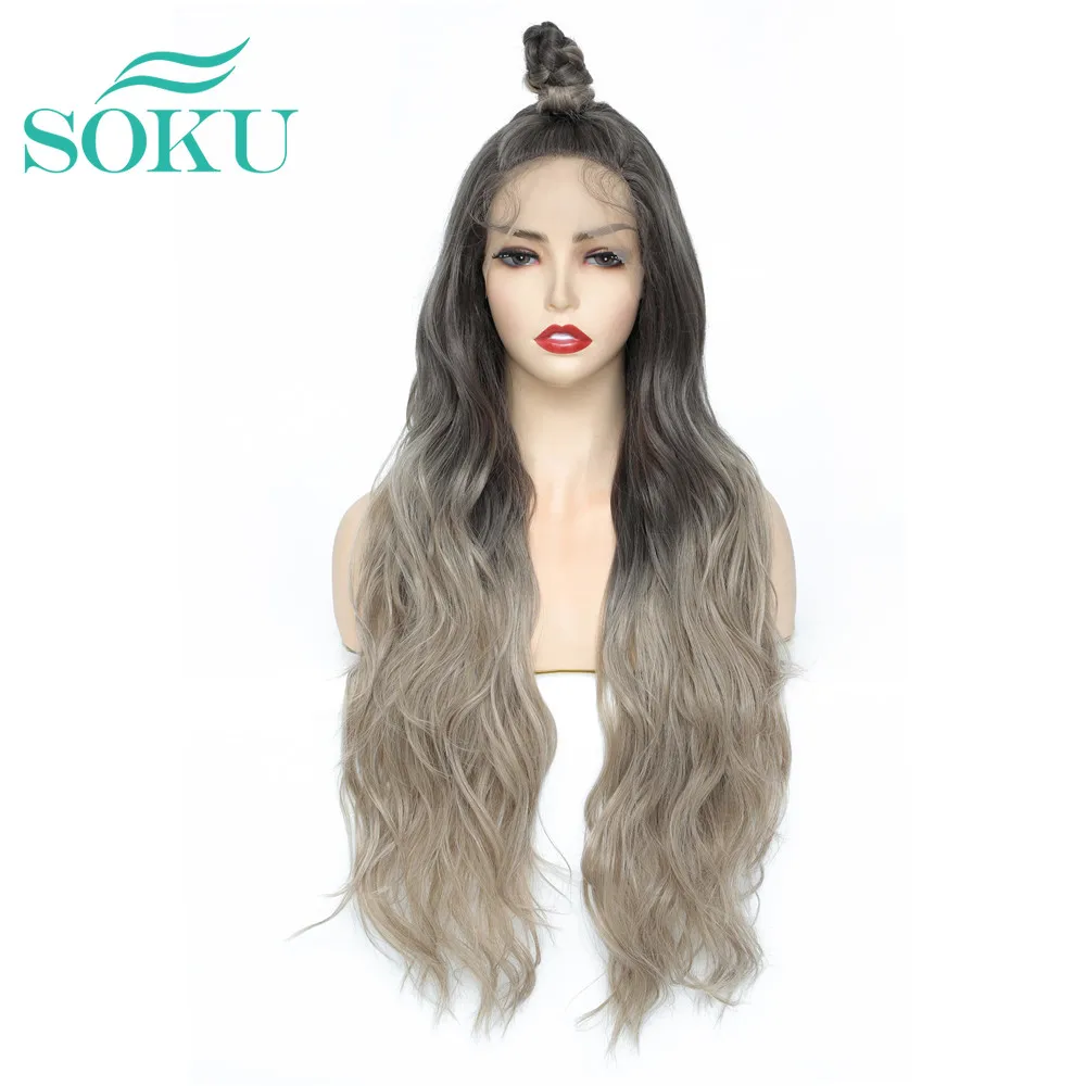 

Synthetic Lace Front Wigs Ombre Grey Long Wave Lace Wig For Black Women Pre-Plucked Natural Hairline Wigs With Baby Hair SOKU