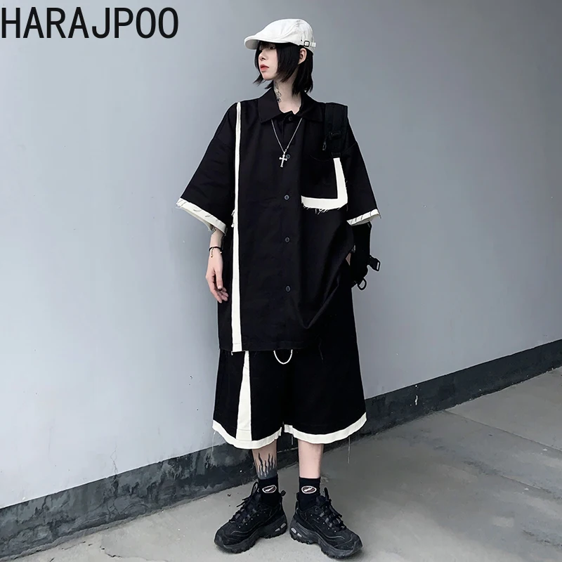

Женские комплекты Harajpoo, повседневный костюм в стиле хип-хоп, женский летний корейский стиль, черная свободная строчка, рубашка с короткими р...