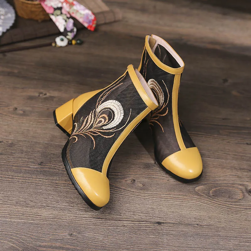 Женские сетчатые ботильоны Phoentin желтые Лоскутные ботинки из натуральной кожи с