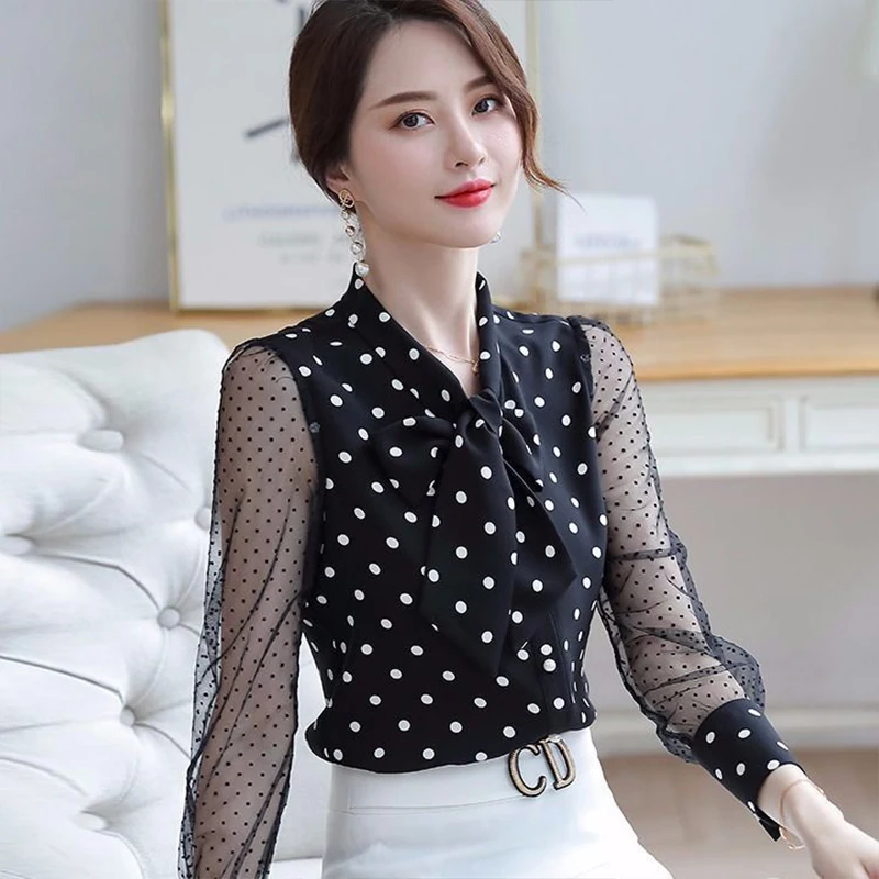 

Women'S Spring Autumn Style Chiffon Blouses Shirt Women'S Polka Dot Bow Long Sleeve Button Korean Casual Tops SP760