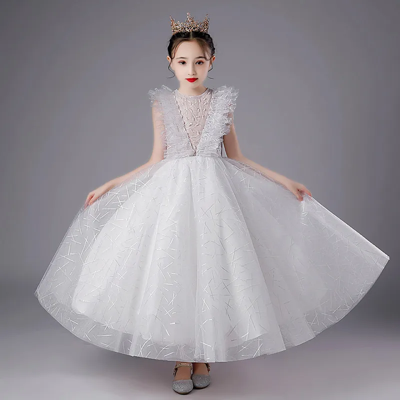 

Children Girls Elegant White Color Birthday Wedding Party Princess Fluffy Dress kids Teens Luxury Communication Ceremony Dress