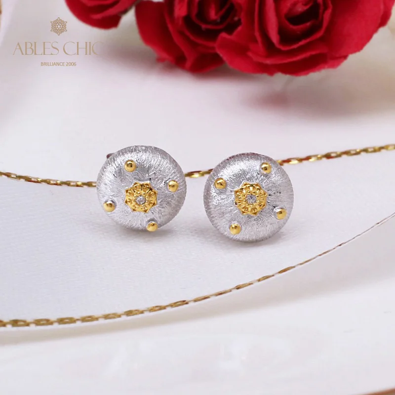 

6prs 925 Silver Half Dome Earrings Golden Dots Little Flower CZ Stud Earring Renaissance Fabric Pattern Jewelry C11E4S25270