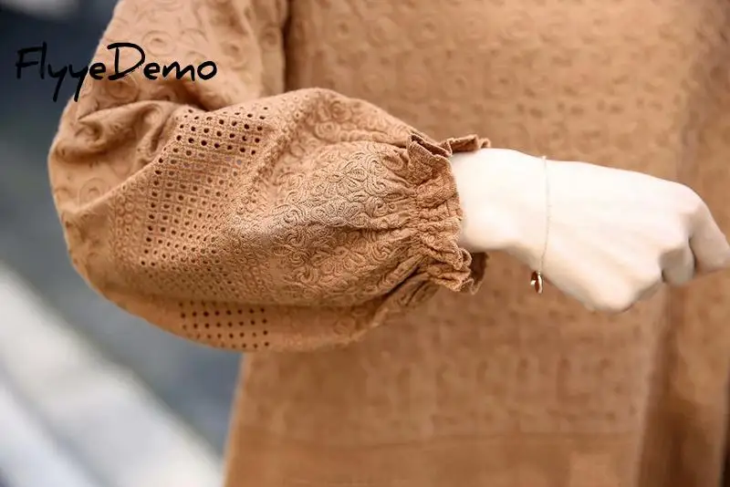 

2021 Spring New Women Blouses Bottoming Long-sleeved Coffee Shirt Lace Hook Flower Hollow Casual Shirts Blouse Plus Size 4XL