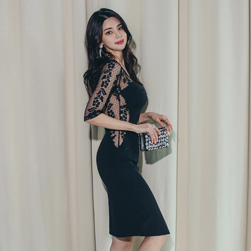 

Knee Length Party Dress Sexy Hollow Out Floral Lace Bodycon Dress Women Clothes V-neck Half Sleeve Slim Clubwear Summer Dress