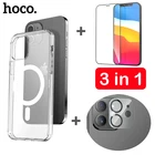 Магнитный чехол Hoco 3 в 1 + закаленное стекло 9H + пленка для объектива камеры для iPhone 12 Pro Max 12 Mini, прозрачная задняя крышка, комплект Передней Пленки