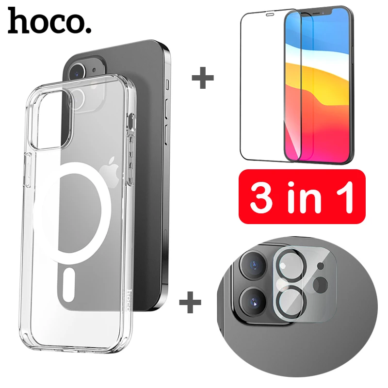 Lente da Câmera Filme para o Iphone Conjunto de Filme 3 em 1 Magnético + 9h Hoco Case Vidro Temperado Pro Max Mini Claro Traseiro Capa Frente 12