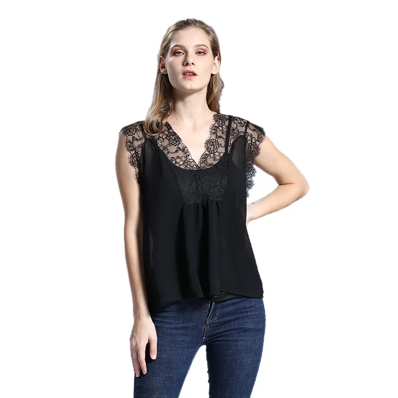 

Explosive women's clothing 2020 loose chiffon lace shirt sleeveless top blouse