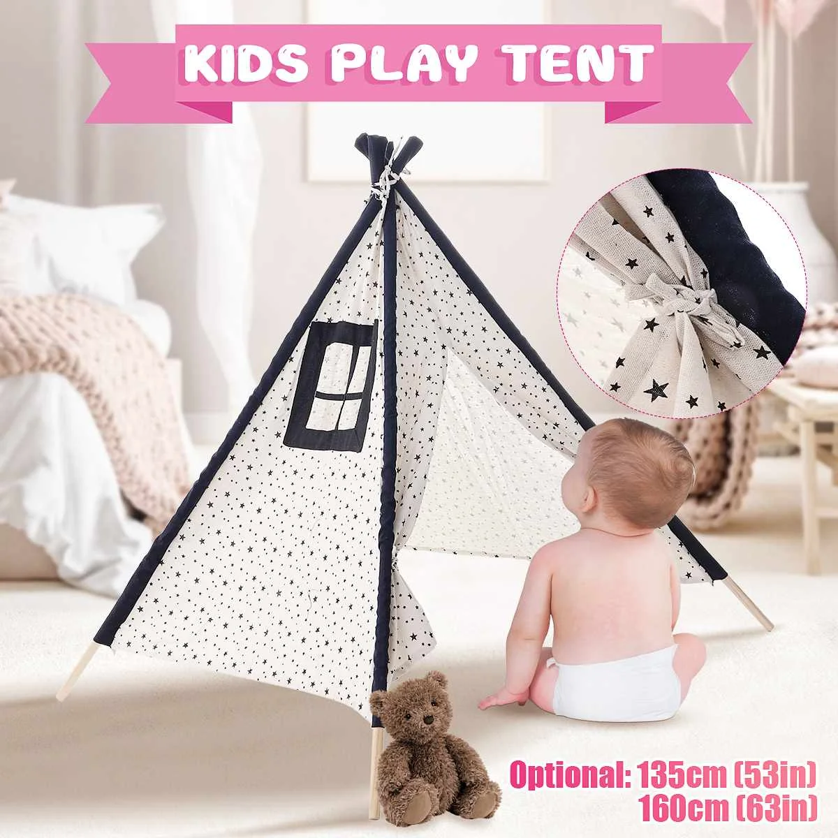 

Blue Star Tipi Triangle Kids Tent Canvas Sleeping Dome Play-Tent Teepee Game House Wigwam Room Children's Tent 135/160cm ES
