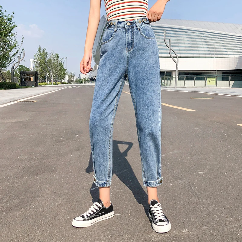 

S-5XL girl loose fashion high waist button jeans Autumn casual high quality Ladies Beam Harem pants jeans for women