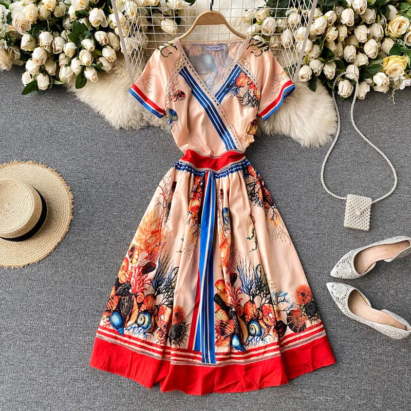 

Распродажа 2020, украинское Платье макси с принтом в стиле ретро, тонкое притягательное платье с V-образным вырезом и коротким рукавом для жен...