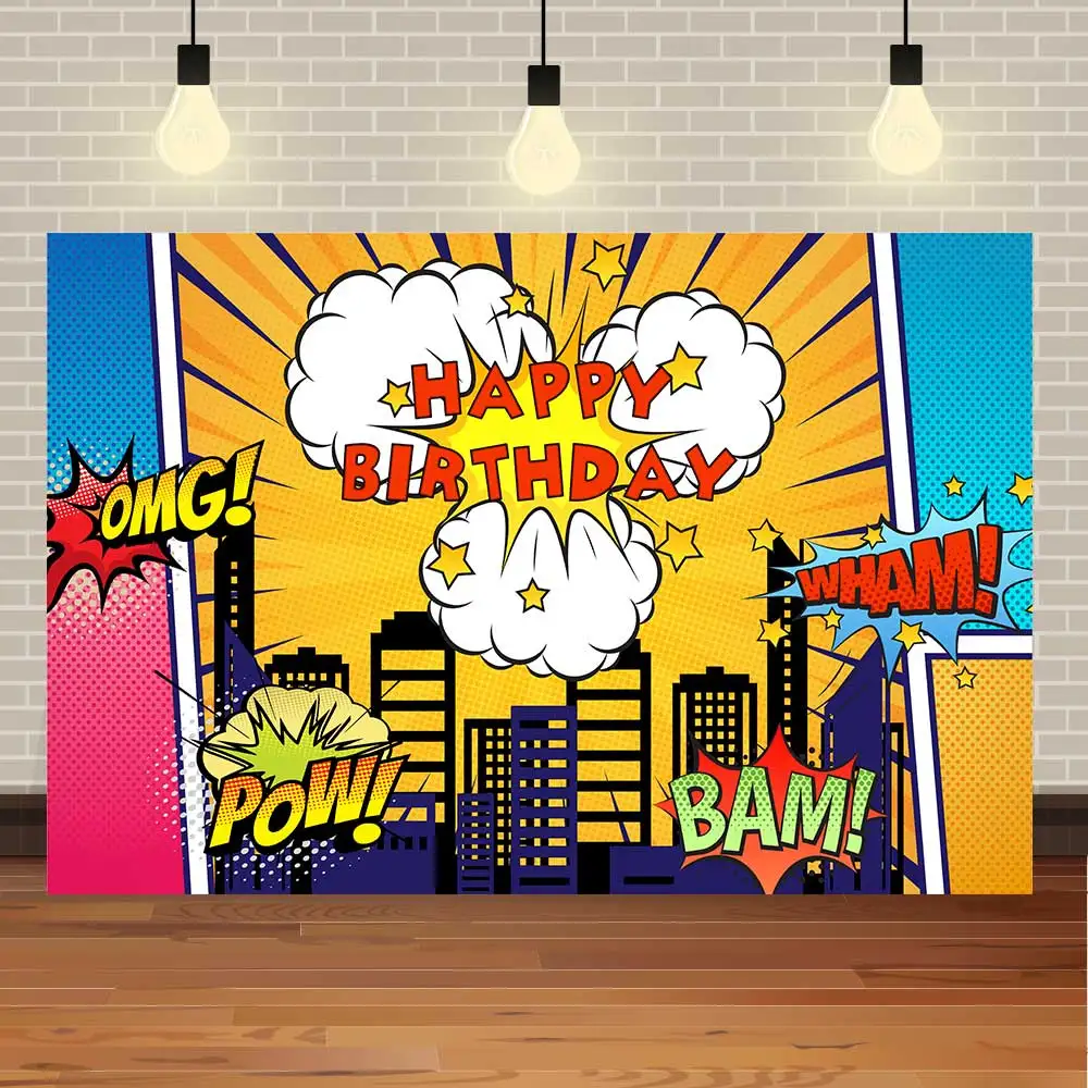 

NeoBack Happy Birthday Game Superhero City Building Boy Rescue Team Baby Shower Banner Photo Backdrop Photography Background