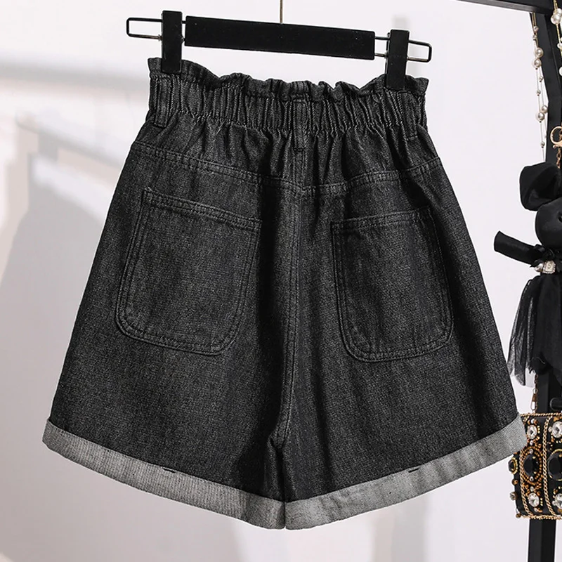 

Elastic High Waist Denim Shorts 2021 Korean Style Casual Ruffles Patchwork Button Zipper Pocket Loose Plus Size Wide Leg Pants