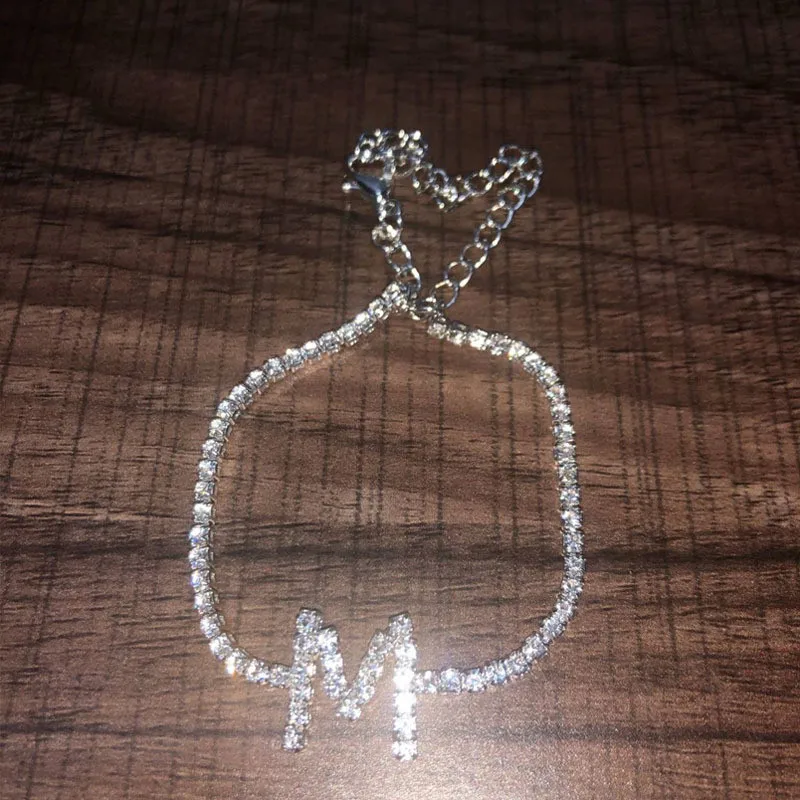 Cubic Zirconia Initial Letter Bracelets Iced Out Chain Bracelet A D E F G H I J K L M N O P Q R S T U V W X Y Z Crystal Jewelry | Украшения