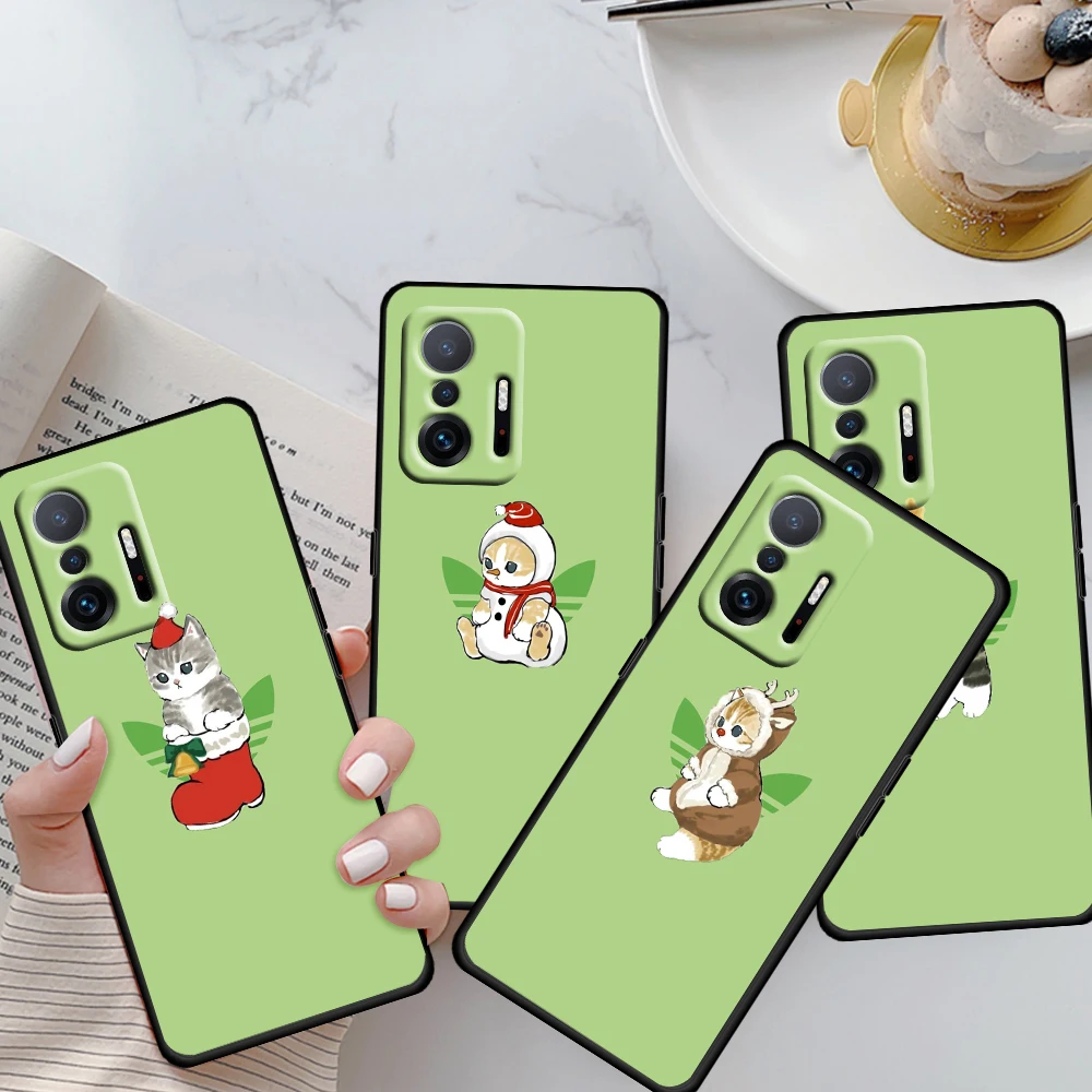 

Green cute cat cartoon Soft Shockproof Black Phone Case For Xiaomi Mi 11T Pro 11 10 Ultra Lite 11i 10i 10S 5G Cover