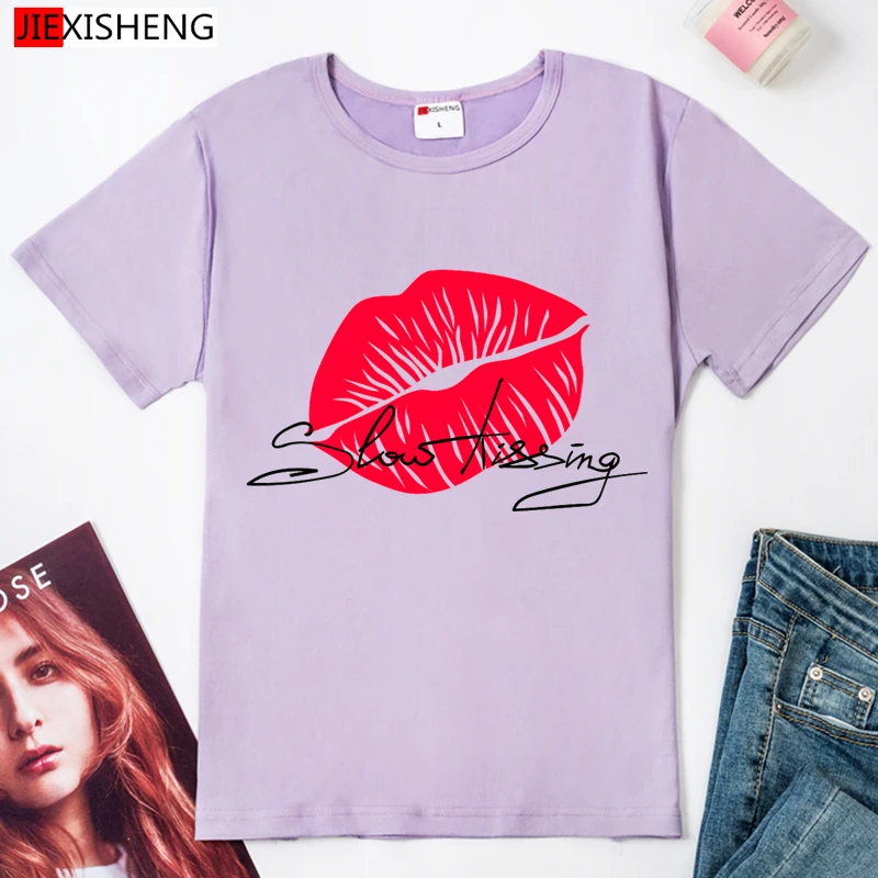 Сексуальная Женская футболка с принтом губ летняя повседневная короткими