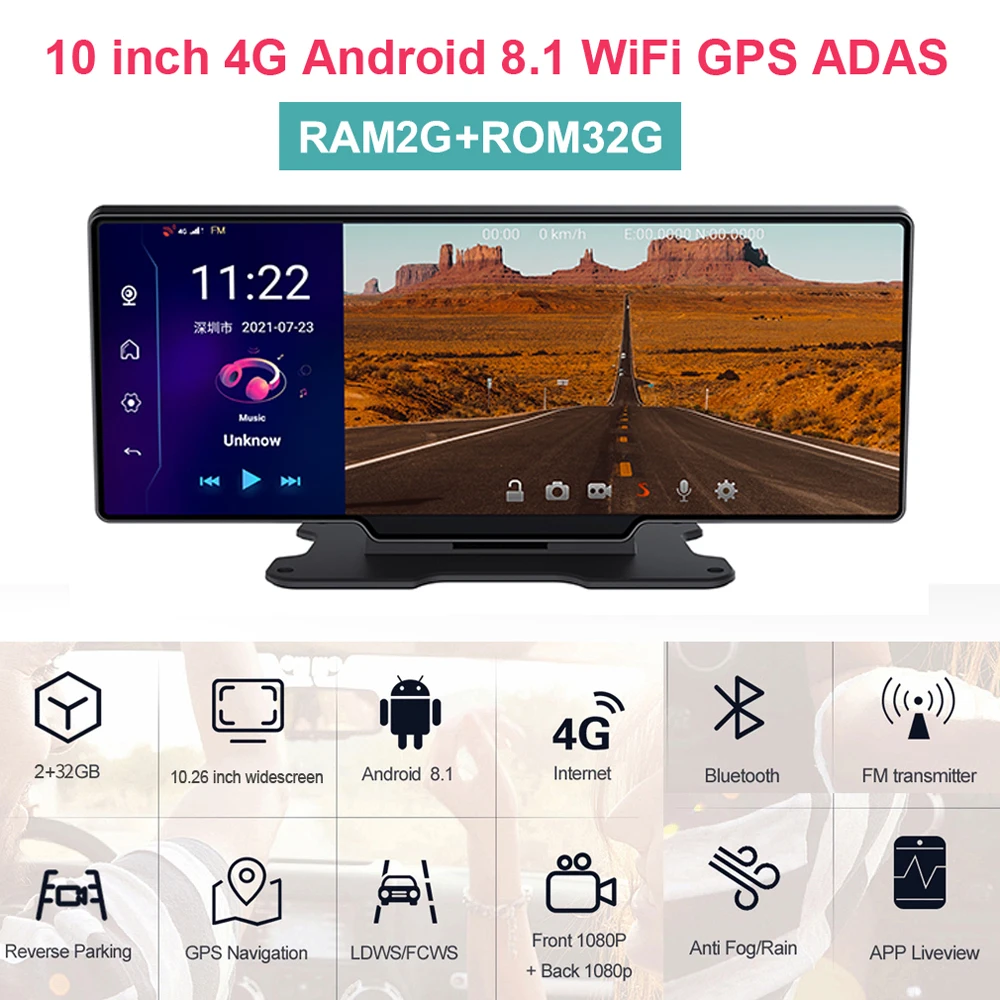 Фото Автомобильный видеорегистратор, 4G, GPS, приборная панель, 1080P FHD, двойной объектив, Android 8.1, Автомобильный видеорегистратор с камерой заднего вида №2