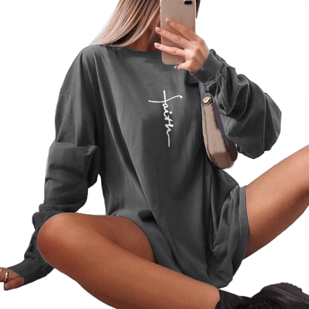 

Womens Shirts Letter Print T-Shirt Autumn Ladies Casual Baggy O-Neck Sweatshirt Tops Harajuku Woman Tshirts