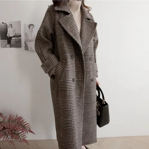 Женское шерстяное пальто, элегантное коричневое клетчатое пальто большого размера, шерстяное пальто на завязках, кардиган, размера плюс размер, зимнее пальто