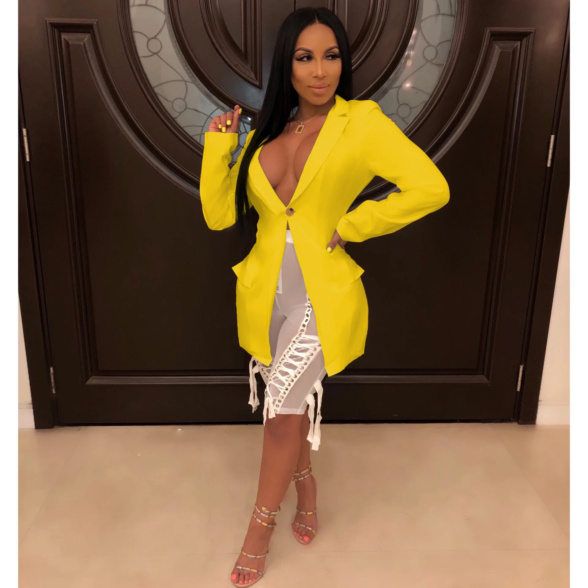 yellow coat Adogirl, однотонный ассиметричный пиджак с открытой спиной, пальто, женская модная повседневная куртка с отложным воротником и длинным рукавом, деловой костюм, верхняя одежда, куртка - Цвет: yellow coat