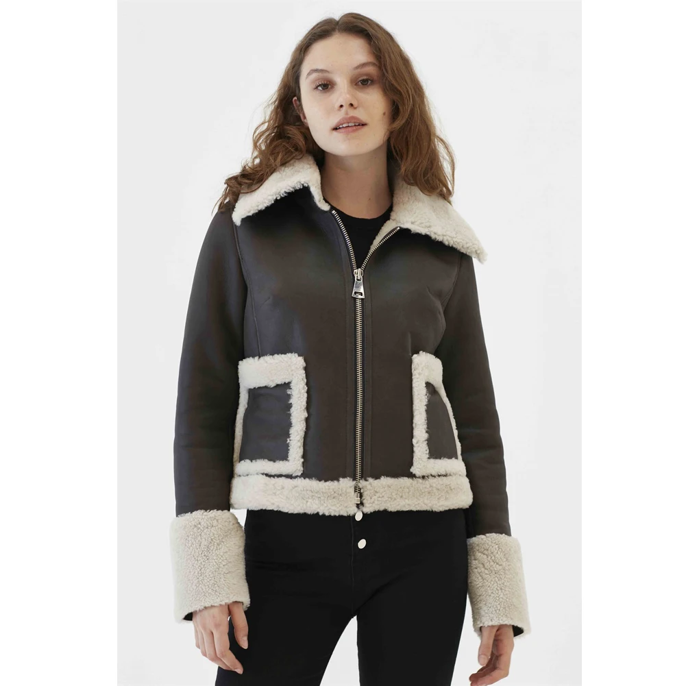 2019 New Womens Grey Shearling Jacket Turkey Sheepskin Coat Casual Fur Coat Short Leather Jacket