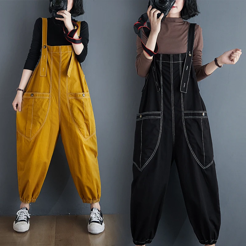 

Summer Women Plus Size Overalls Casual Loose Sleeveless Black Wide Leg Jumpsuit Woman Korean Fashion Big Pockets Strap Dungarees