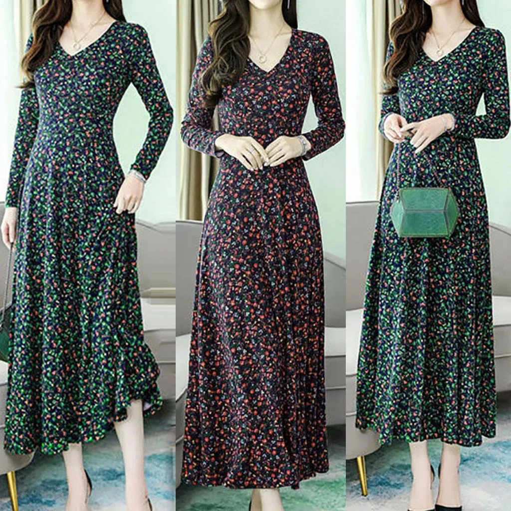 Женское платье с длинным рукавом и V образным вырезом|Женские платья| |