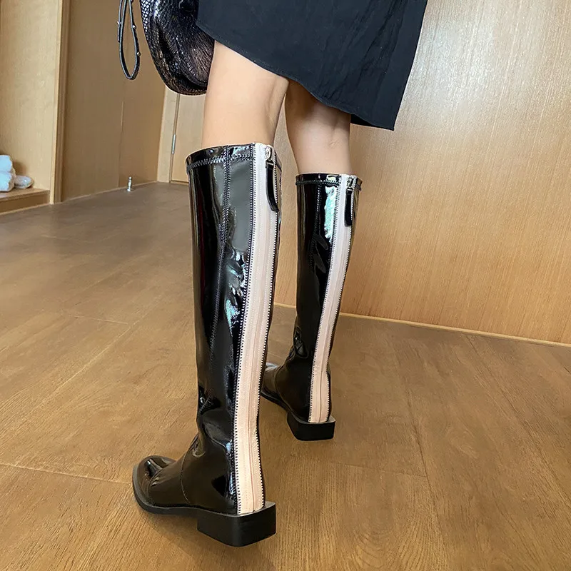 

New Fashion Leather Knee-High Boots Cowhide Fall Winter Long Tube Women Shoes Flat Comfortable Back ZIP Heel Botas De Mujer