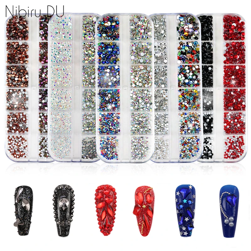 

Wholesale 12 Grids Nail Rhinestones Multi-Size Mixed Color Crystal Rhinestones Manicure Design 3D Nail Art Accessories Supplies