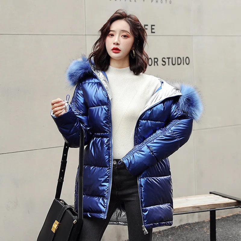 Модные Женские глянцевые пуховики средней длины серебристого цвета большой