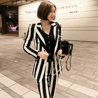 high quality winter women suit office lady striped two piece pant set formal double breasted coatol work pant suits