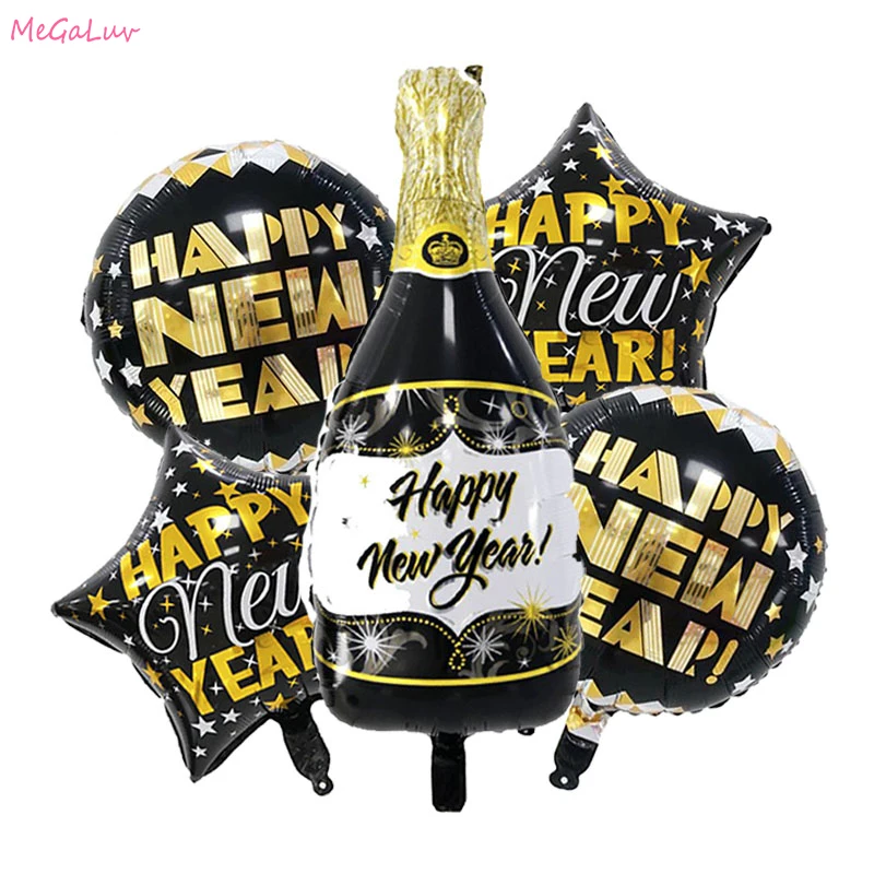 

2021 Happy New Year Foil Balloons Black Bottle Helium Ballon Event Party Supplies Merry Christmas Decorations Globos