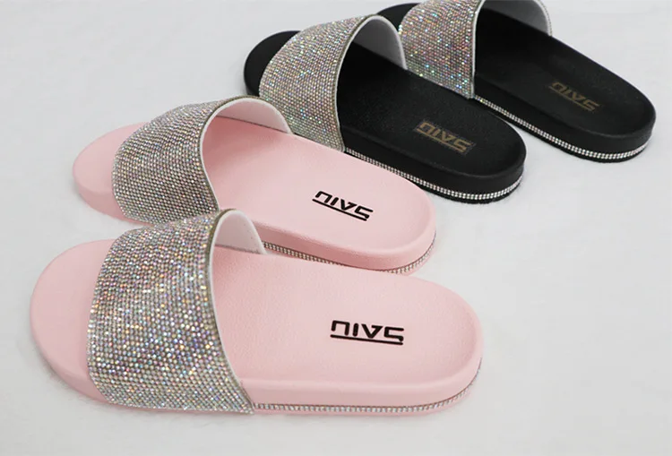 

Shiny Ladies Slippers Summer New Slippers Home Summer Fashion All-match Wear Rhinestone Flat Slippers Beach Shoes Women's Shoes