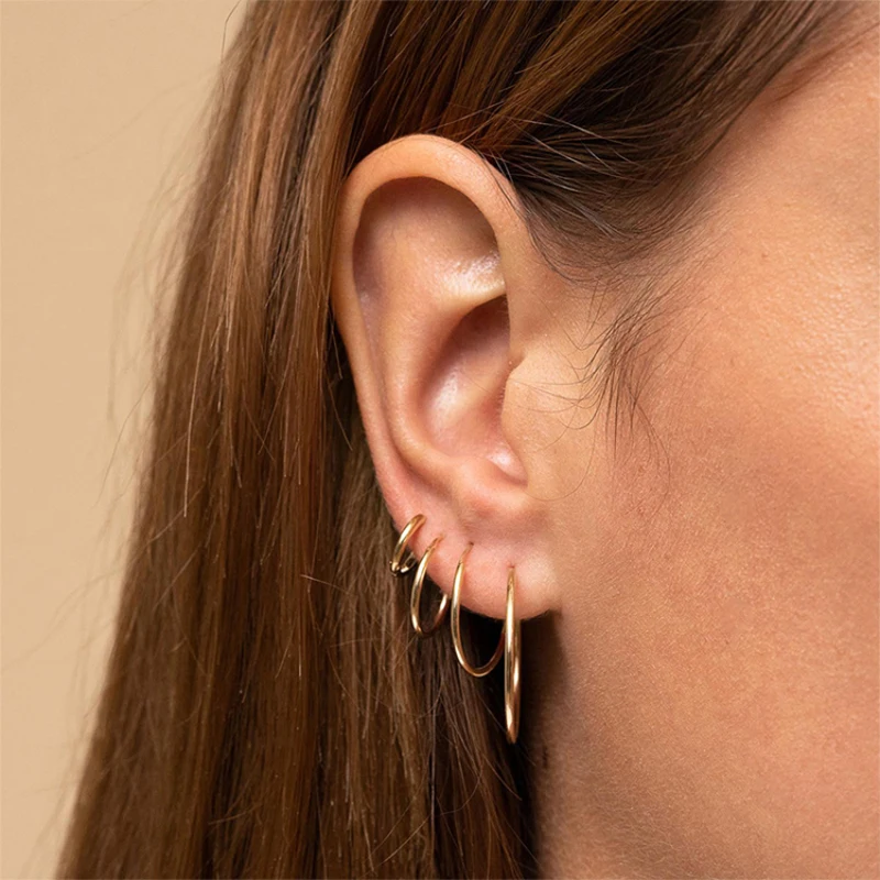 12pair/set 304 Stainless Steel Hoop Earrings Huggie Hoop Earrings for Women Round Ring  Golden 12 Gauge 15-70mm