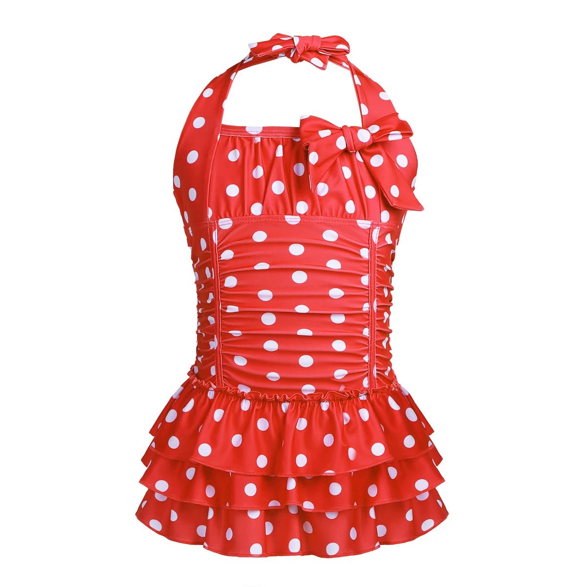 

Kids Girls Swim Dress One-piece Adjustable Halter Polka Dots Ruched Tiered Swimsuit 2021 Summer Swimwear Bathing Suit Beach Wear