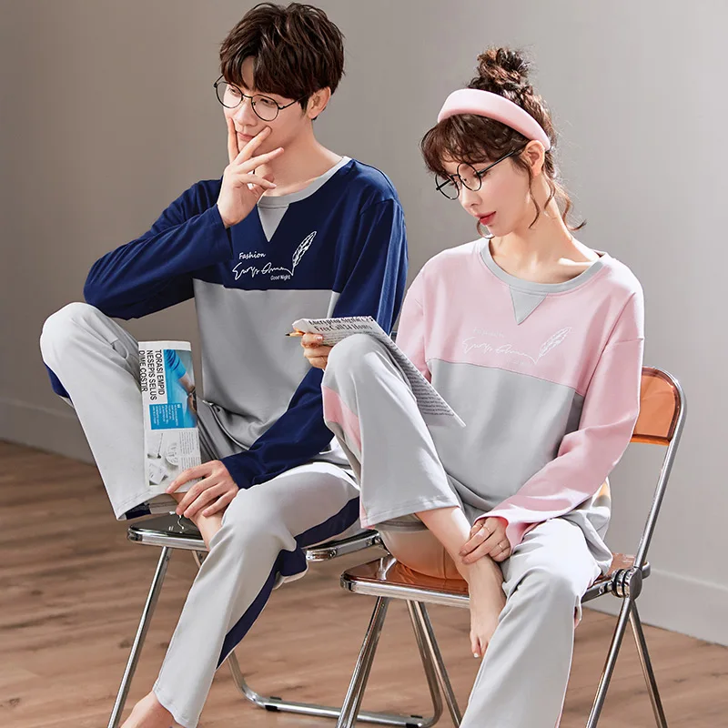 Новые осенне-зимние хлопковые Пижамные комплекты для пар с длинным рукавом в