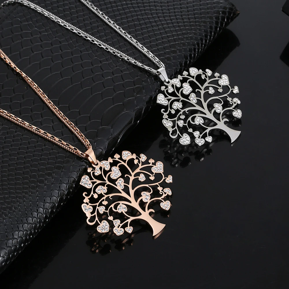 

Big Love Heart Tree Of Life Pendant Long Necklace Stainless Steel Sweater Chain Womens Necklaces Silver Plated Jewelry 2021 New