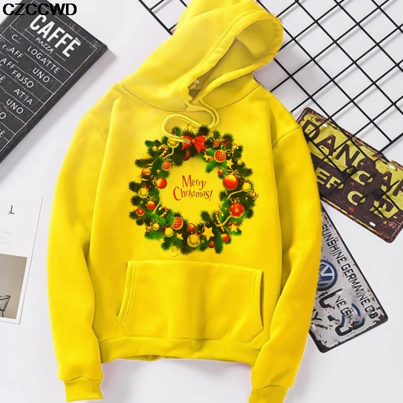 

Women Hoodie Merry Christmas Letter Kangaroo Pocket Sweatshirts Hooded Vogue Spring Casual Yellow Pullovers Oversized Sweatshirt