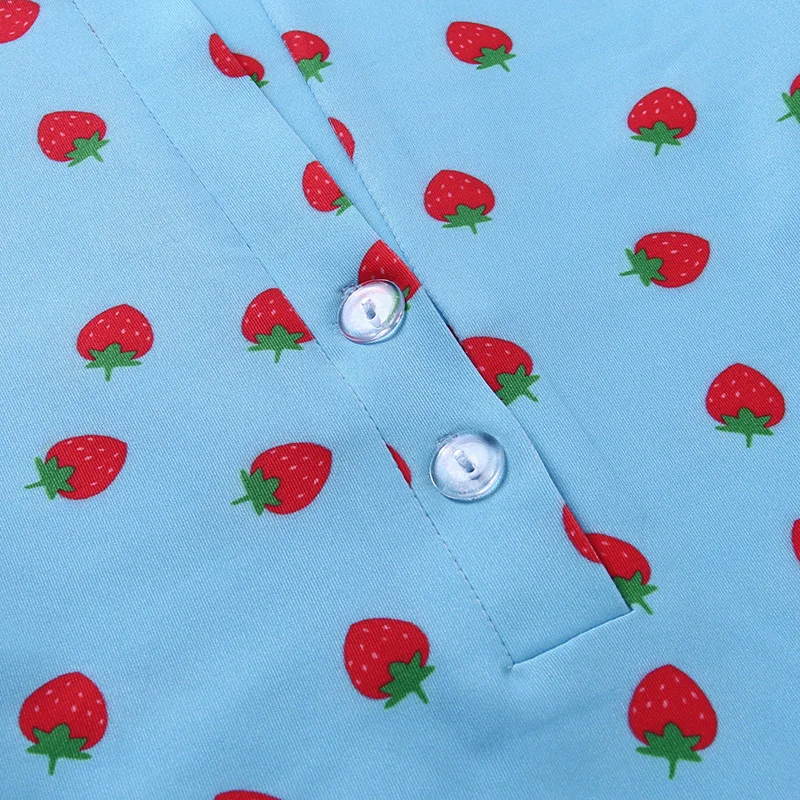 

LAISIYI Turn-down Collar Long Sleeve Strawberry Print Dresses For Women Buttons Slim Skinny Fashion Mini Dress Female Outfits