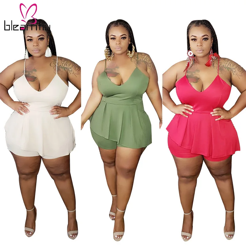 Размера плюс комбинезон женский однотонный без рукавов с V-образным вырезом боди