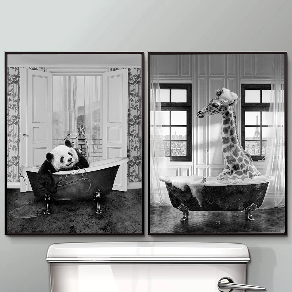 

Vintage Shower Animals in the Bathtub Nordic Poster Bathroom Wall Art Canvas Painting Wall Pictures For Living Room Unframed