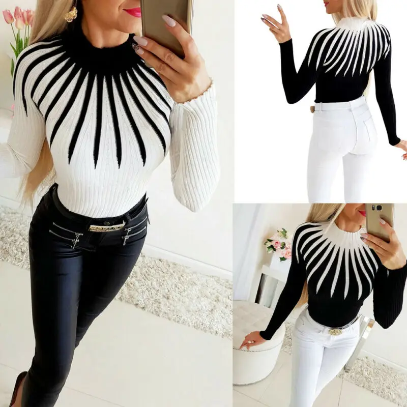 Women Color Matching Turtleneck Knitted Sweater Winter Fashion Ladies Warm Long Sleeve Slim fit Casual Clothing Pullover Top | Женская
