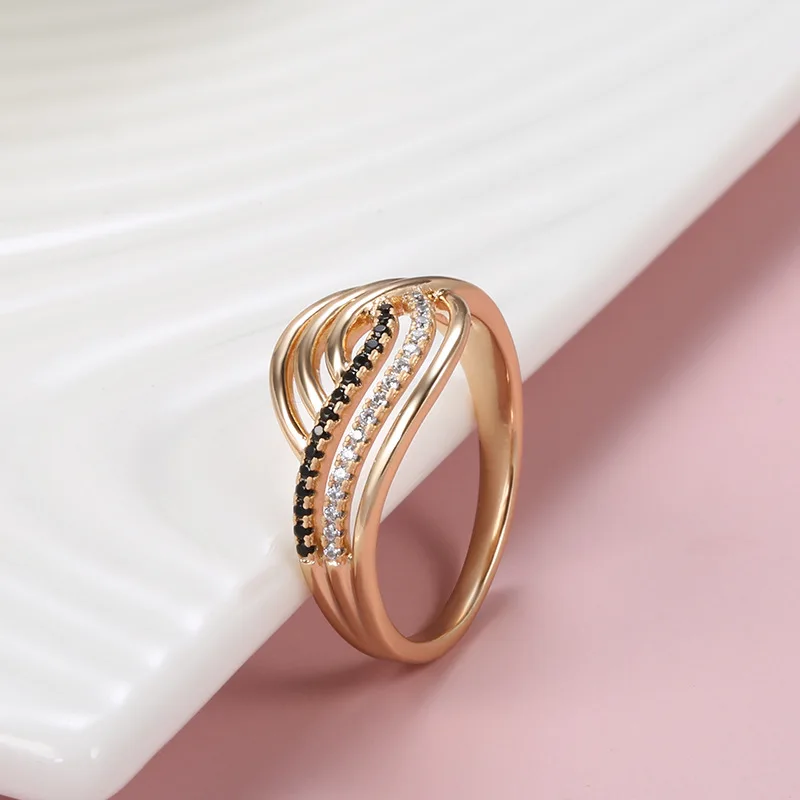 

Korean Pop Rose Gold Ring Female Fashion Cold Wind Hollow Carved Black and White Zircon Ring Curve Cross Star Ring